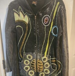 Rising International Black Embroidered Zip-Up Long Jacket